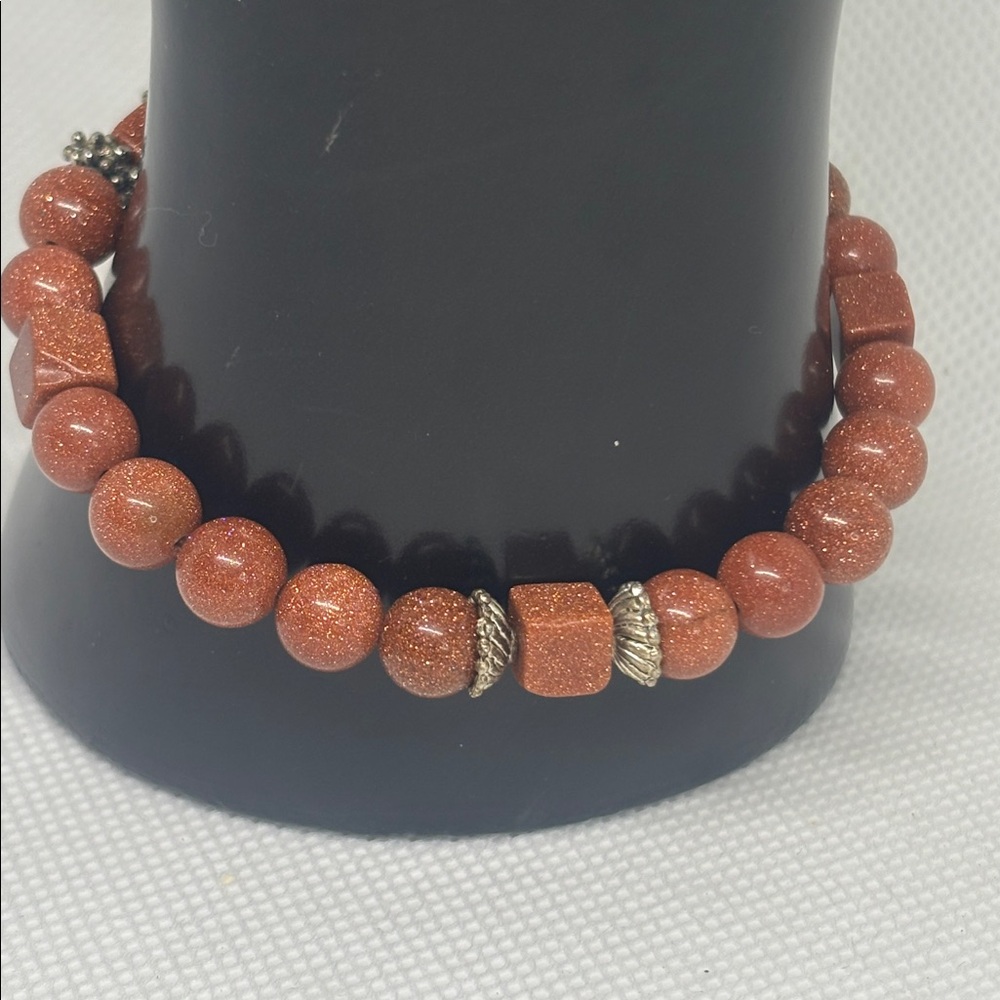 Genuine Red Sandstone Stretch Bracelet with Vintage Elements